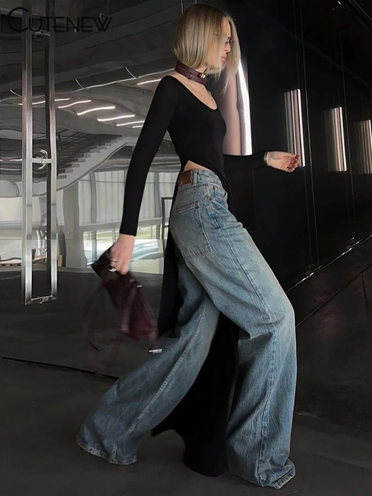 Solid Super Long Tops Women Casual Fashion Full Sleeve Square Neck Splited Skinny Tees Solid Concise Female Classic Wear