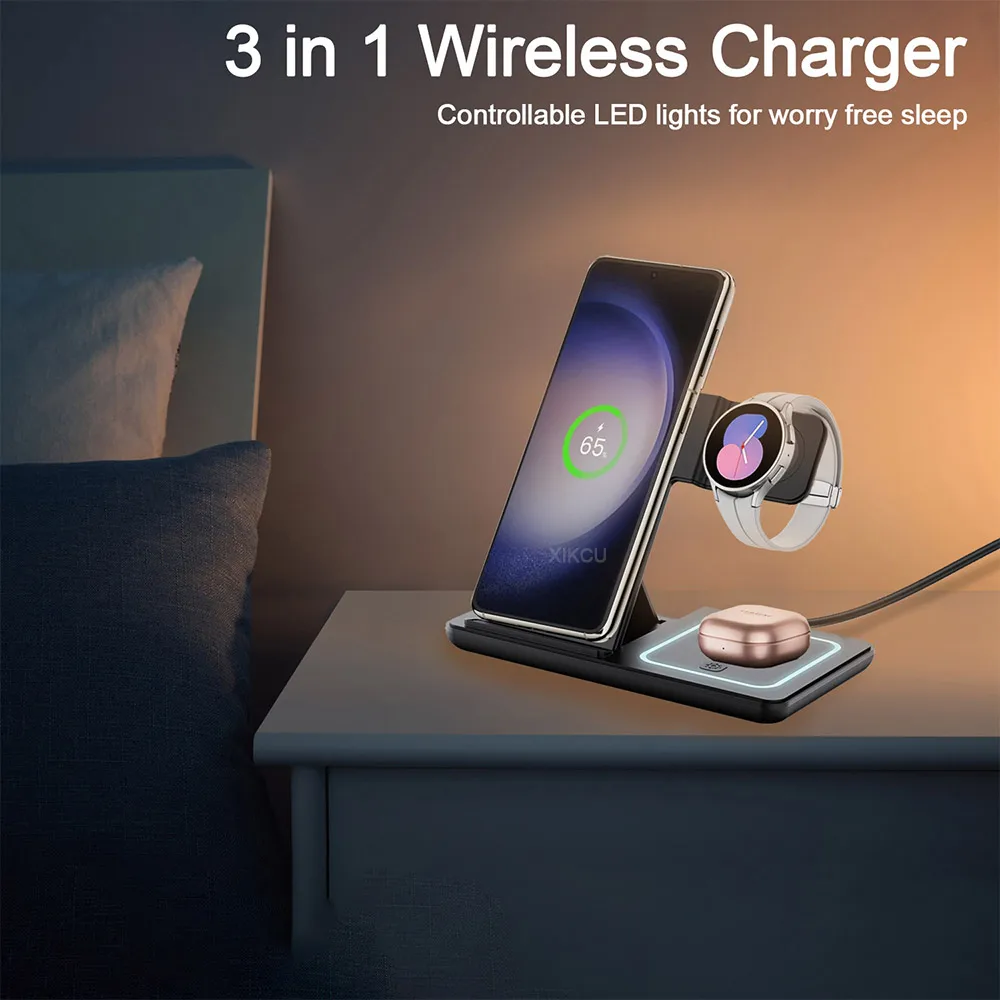 LED Wireless Charger Foldable Phone Stand For Samsung S25 S24 S23 Galaxy Watch 2-8 Active 2 Buds Pro Fast Charging Station