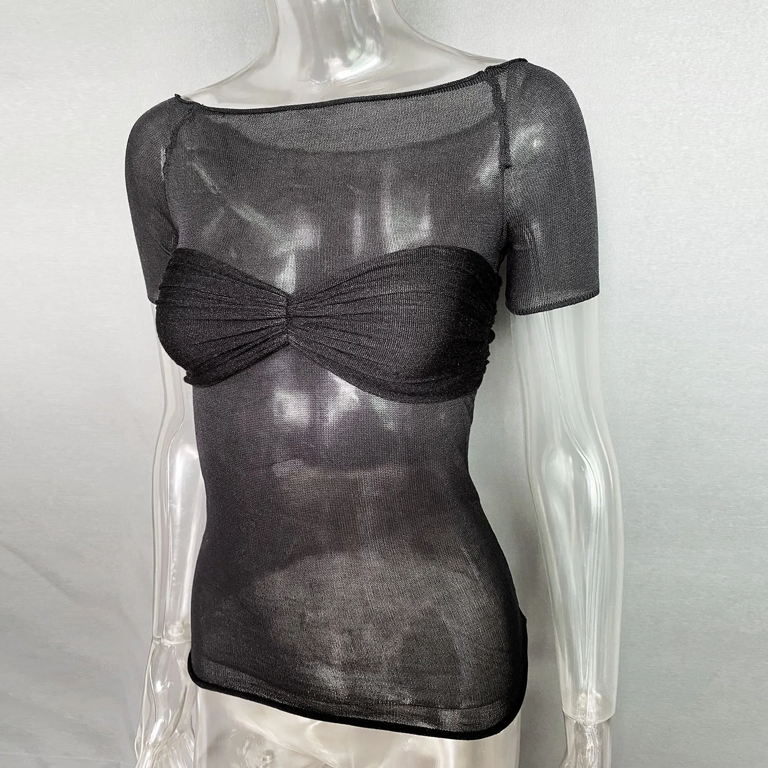 Short Sleeve Mesh Top Shirt For Women Off-Shoulder See-Through Knit Sexy Pullover Summer Sheer New 2025 Ladies T-shirt