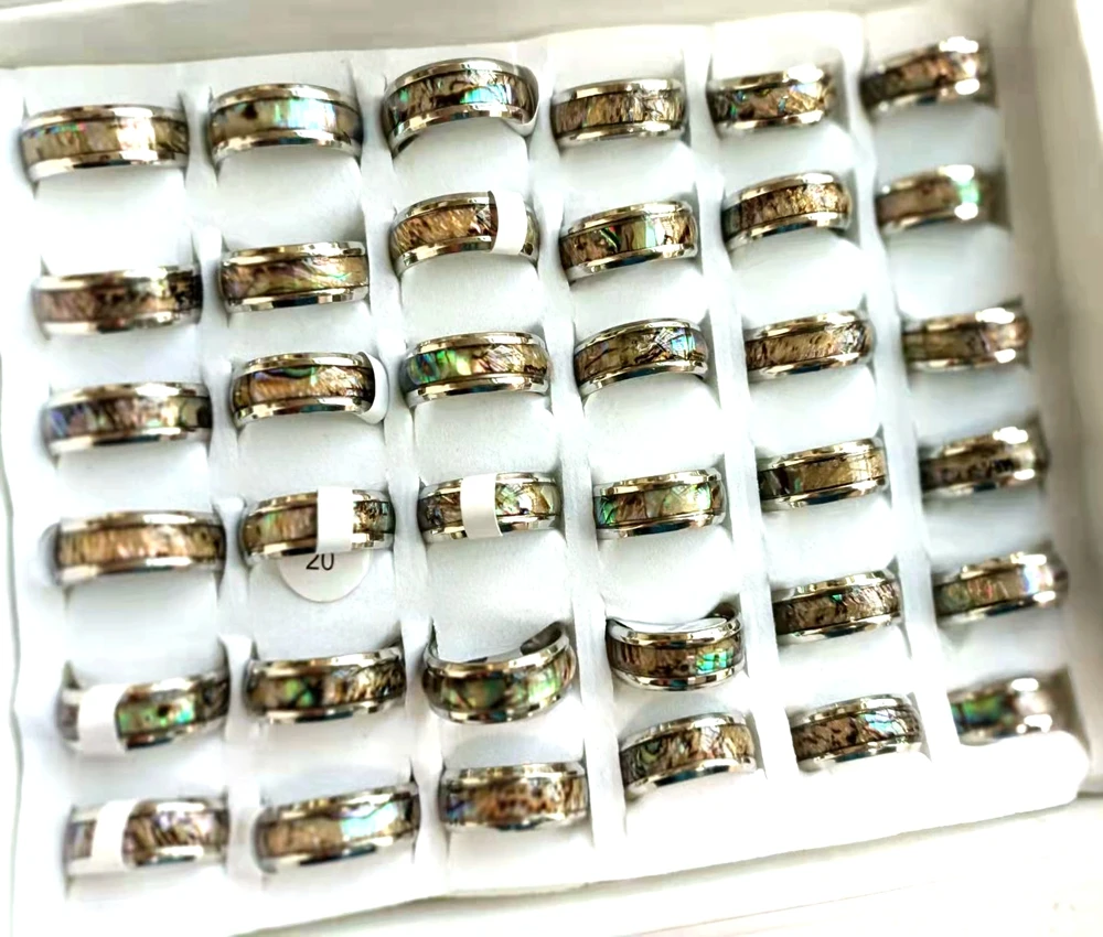 Wholesale 10 /20/50/100 pcs  8mm Band Abalone Shell 316L Stainless Steel Man Women Ring Fashion Jewelry 3