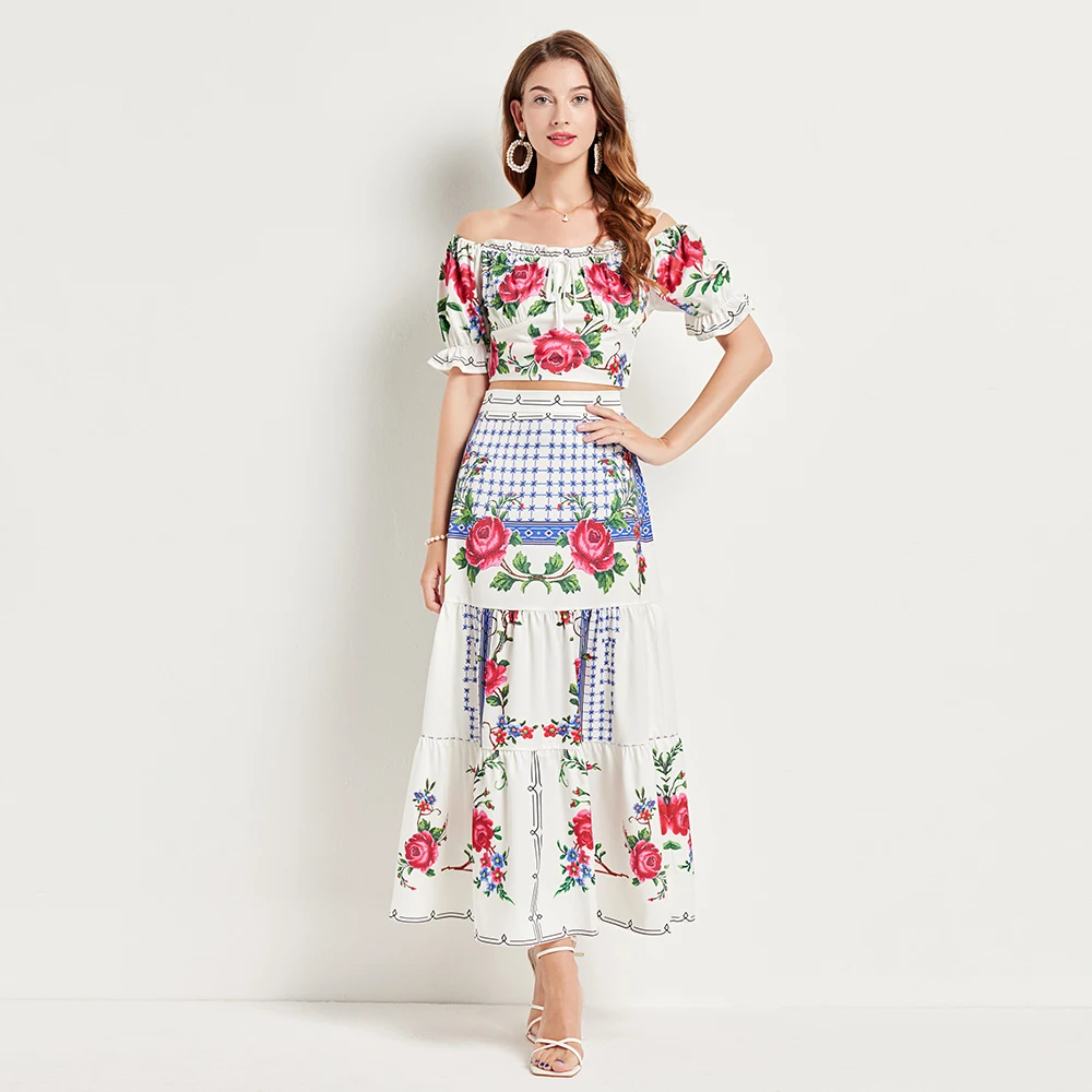 

Fashion Runway Summer Cotton Skirts Suit Women's Bow Off Shoulder Crop Top and Floral Print Maxi Skirts 2 Pieces Set M533