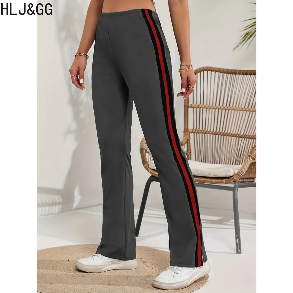 HLJ&GG Fashion Stripe Printing Side Slit Pants Women High Waisted Straight Trousers Autumn Casual Solid Party Matching Bottoms