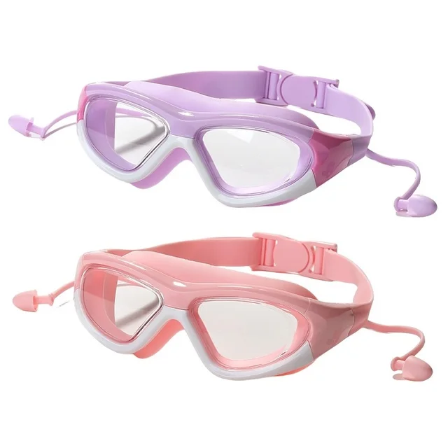 Kids Swim Goggles with Silicone Earplugs Anti-Fog Waterproof Large Frame Swimming Pool Eyewear Water Sports Glasses for Children 6