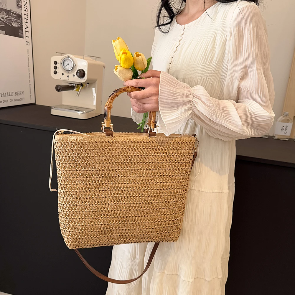 Borse da donna con coulisse intrecciate a mano borsa a tracolla da donna in tessuto di paglia di grande capacità con manico in bambù - immagine 4