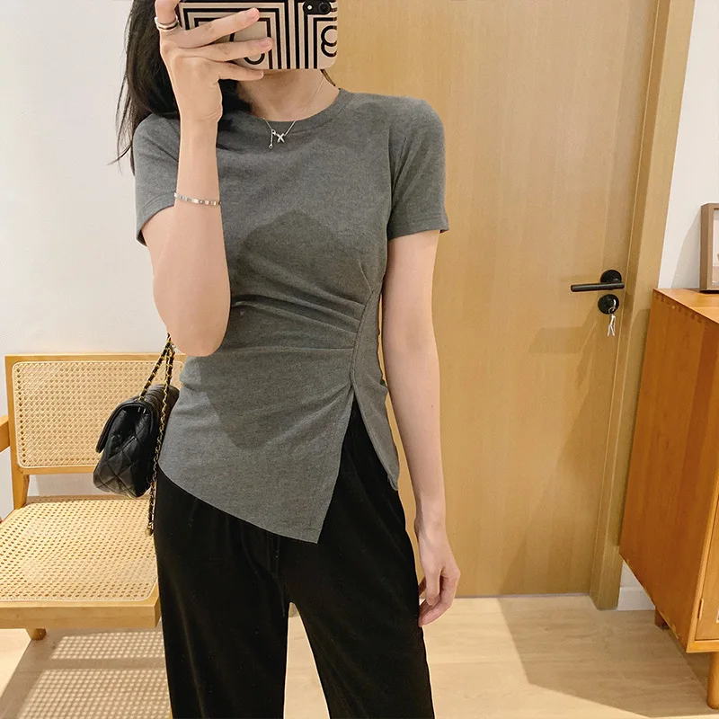 

Short Sleeved T-shirt for Women Summer Clothing New O Neck Irregular Side Slim Fit Bottom Top Fashion Casual Solid Color Tees