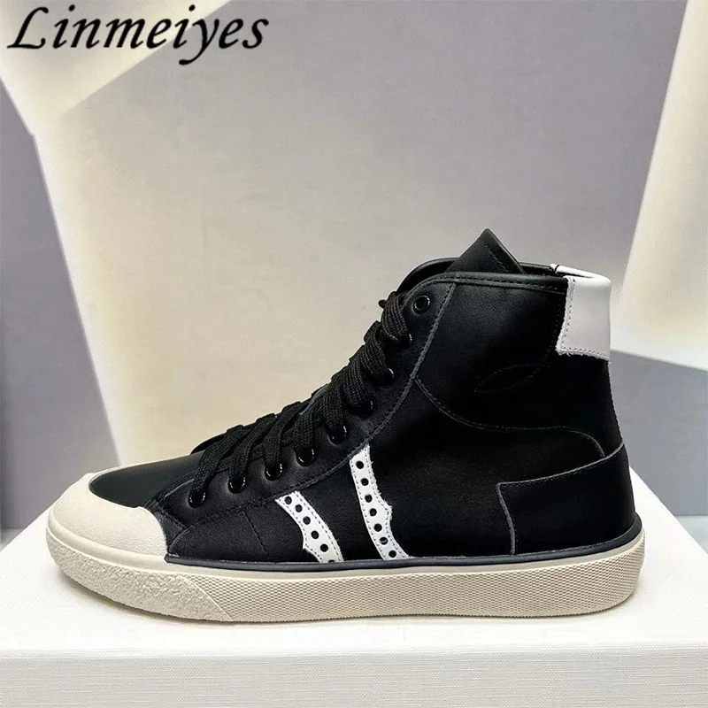 

New High Top Flat Shoes Women Black Round Toe Lace up Casual Short Boots Female High Quality Genuine Leather Walk Shoes Women