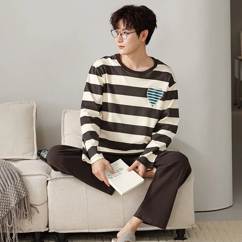 Youngers Pajama Suit Men Spring Autumn Cotton Leisure Pyjamas Long Sleeve Pullover Simple Home Clothing Set Boys Loose Sleepwear loose modal pullover shirt wide leg pant two piece set autumn winter sleepwear women home clothing pyjamas for female suit