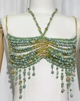 Women Tops Beaded Camisole Vest Bikini Bra Top Body Exaggerated Pearl Neck Bustier Beachwear Lingerie Woman's Club Rave