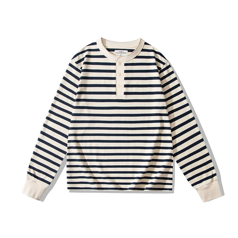 OKONKWO 230g Heavy Weight Long Sleeve Striped Henry Collar T-shirt Deck Shirt TEE Outdoor Trekking Travel Fitness Sports Clothes sport t shirt,long sleeve t shirt
