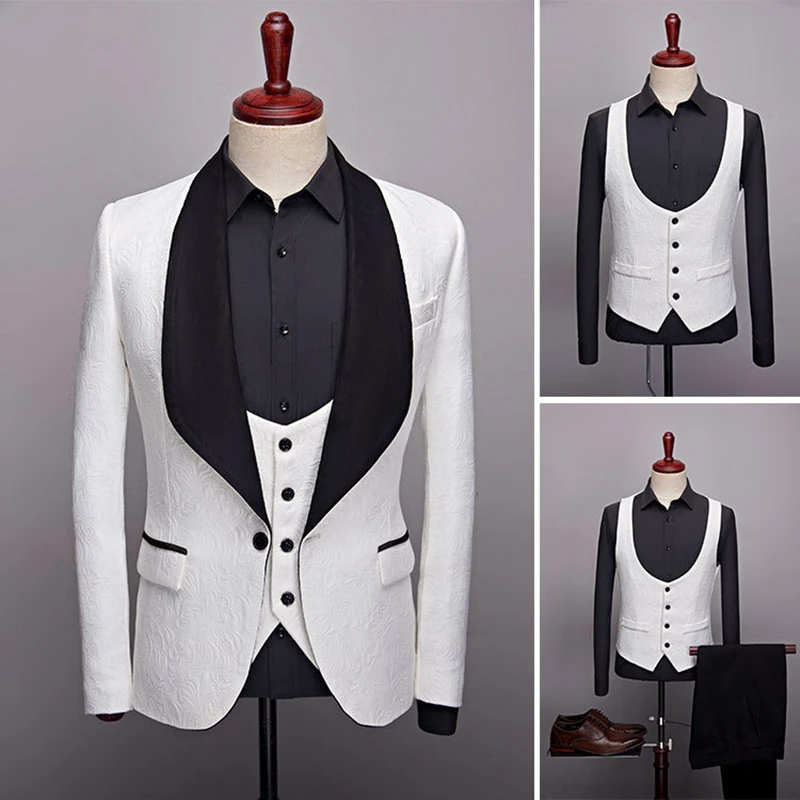 

Europe & America Jacquard Suit Men for Wedding Lusury Black Shawl Collar Suit Male Dress for Wedding Party Formal 3 Piece Set