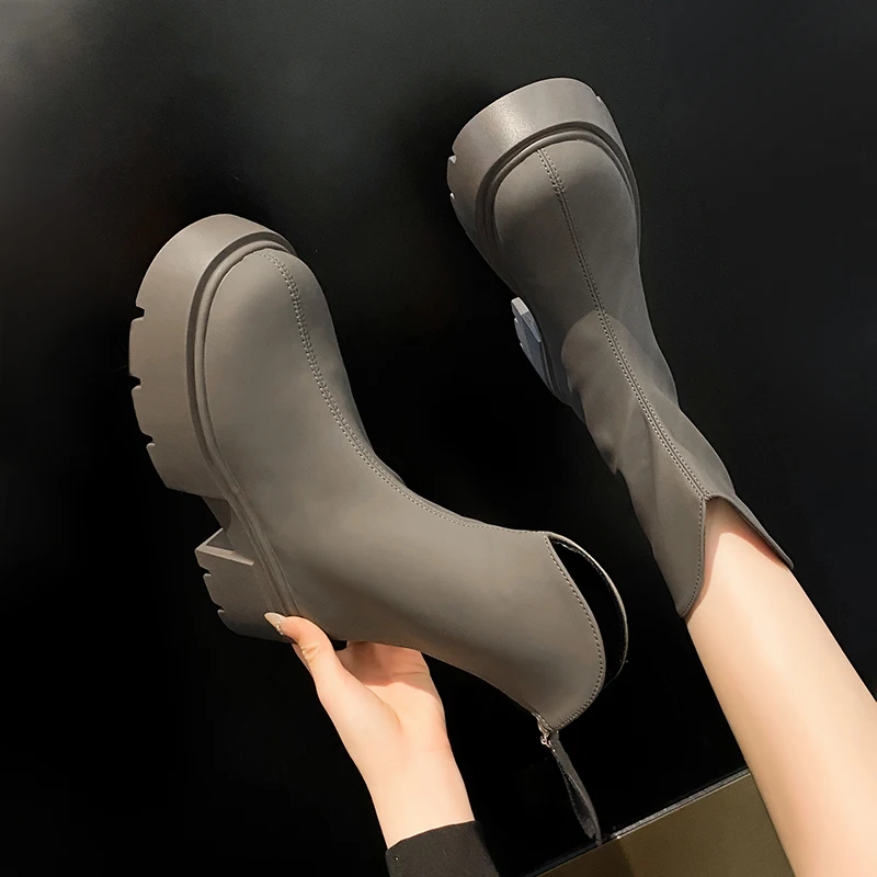 

White Ankle Boots Shoes Boots-Women Zipper Round Toe Low High Heel 2023 Ladies Rubber Rock Lolita Autumn Solid Cotton Fabric Cr