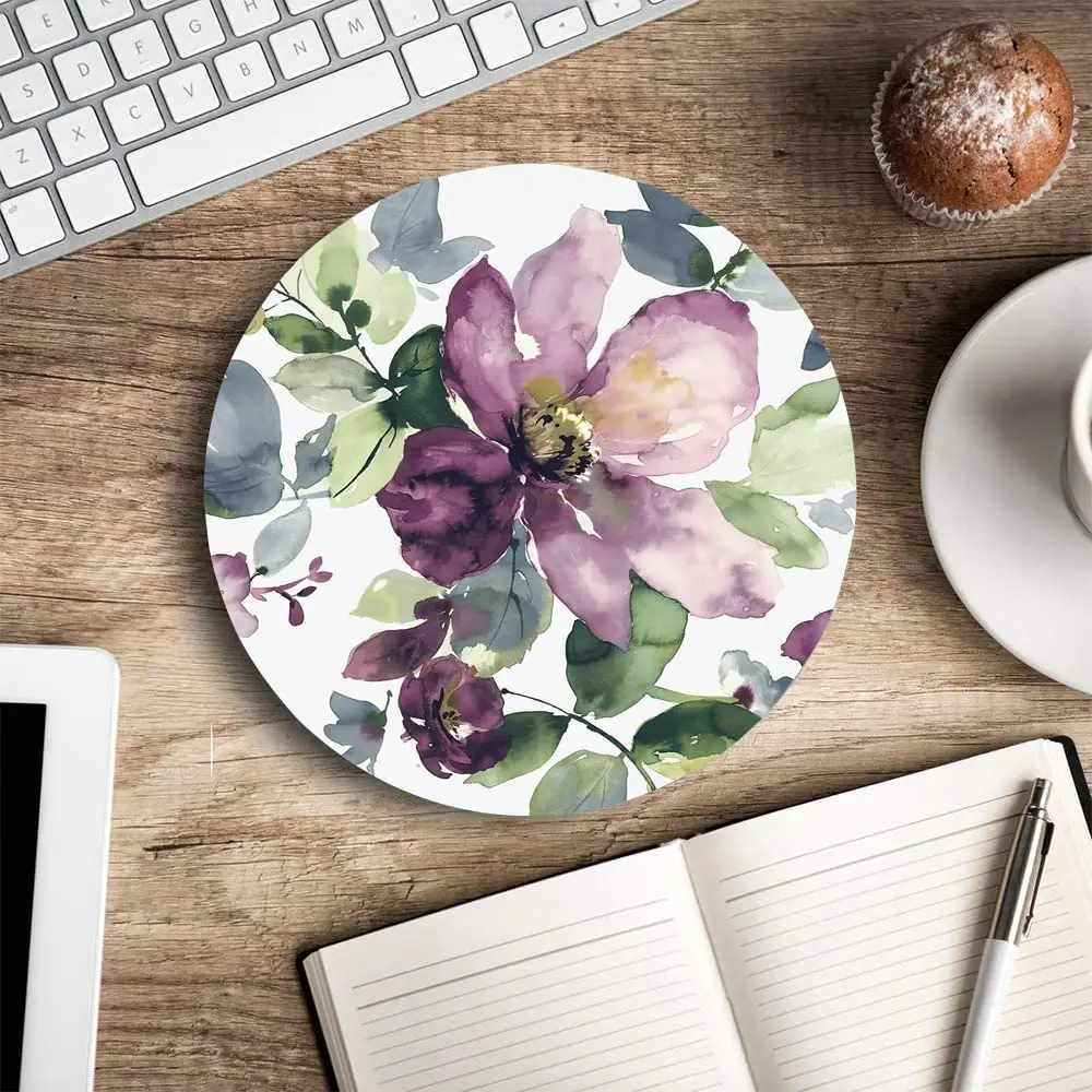 Round Purple Floral Mouse Pad Premium-Textured Small Mouse Mat with Waterproof Non-Slip Rubber Base for Laptop Computer Office