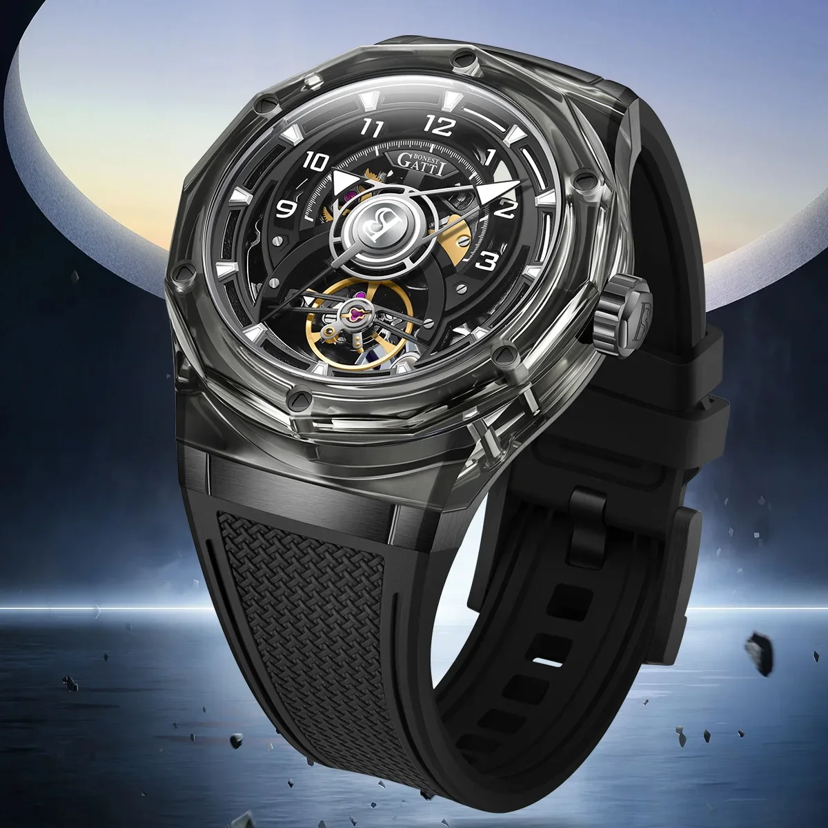 BONEST GATTI Men's acrylic transparent hollow waterproof luminous tourbillon fully automatic mechanical watch