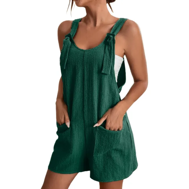 Women Boho Loose Overalls Solid Color Square Collar Playsuits Sleeveless Rompers Summer Casual Clothes Jumpsuit With Pocket 2