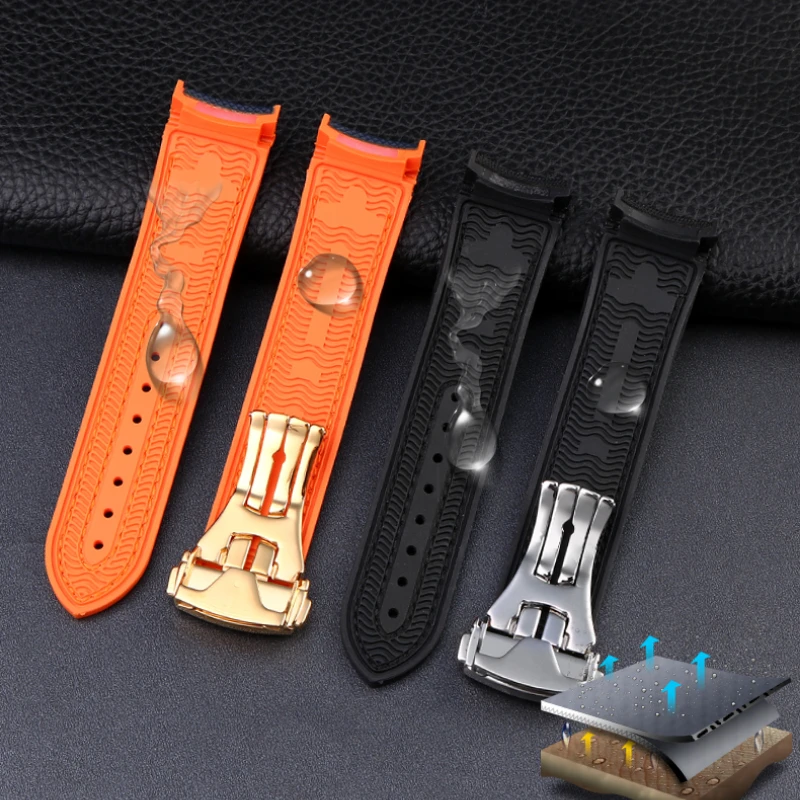 Curved End 22mm Nylon Rubber Watchband with Deployant Clasp Strap