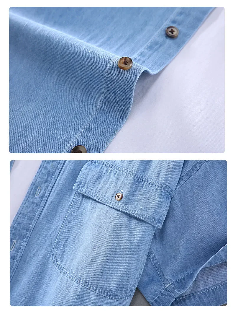 Summer Mens Short Sleeve Denim Shirt Retro Casual Workwear Square Collar Double Pockets Loose Jean Shirts Korean Popular Clothes