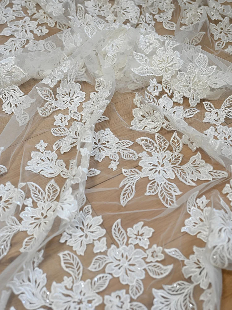 

1 Yard 130CM Width With Sequins Top Quality Rayon Material Off White Gorgeous Embroidered French Lace Fabric Wedding Dress Lace