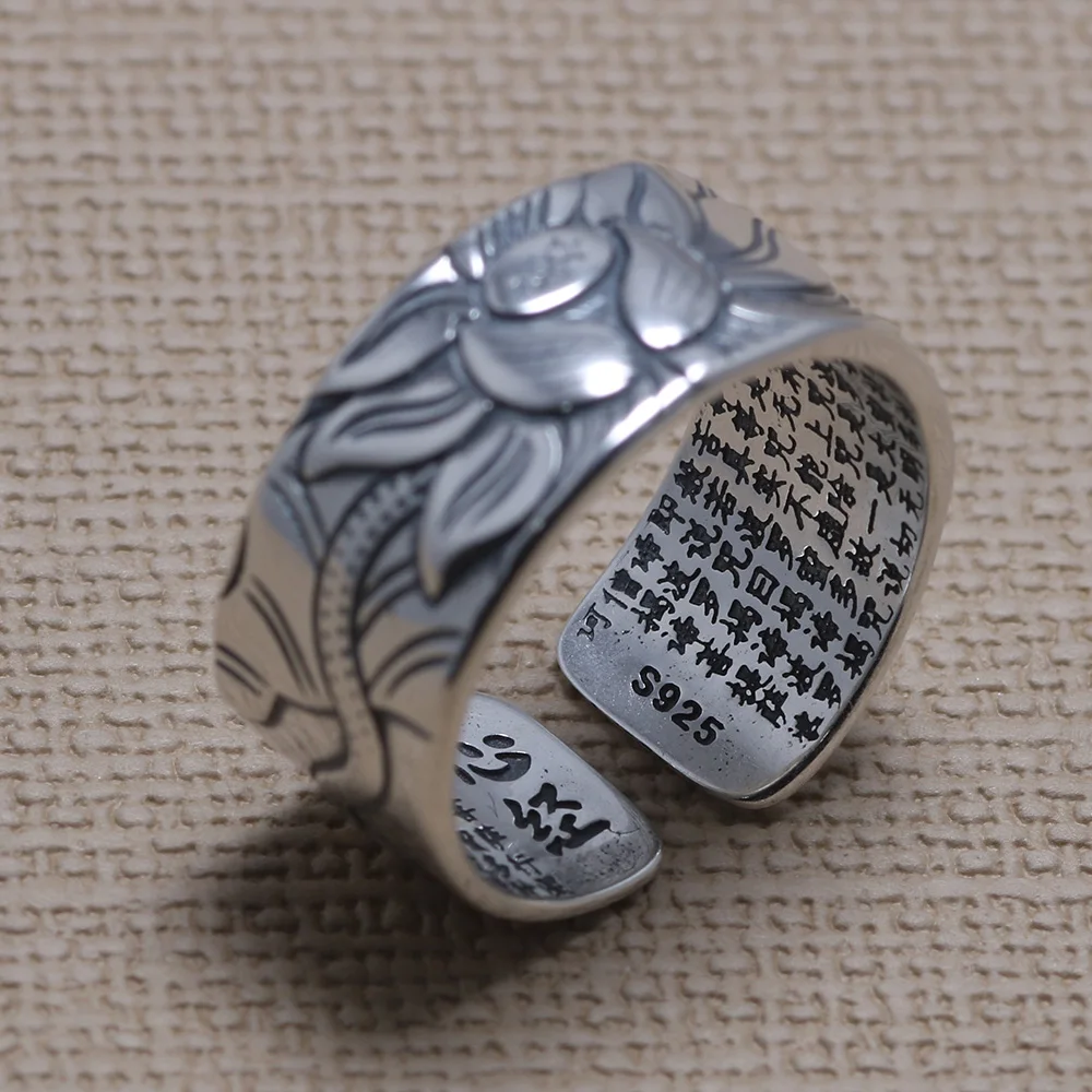 Real 925 Sterling Silver Lotus Rings For Men And Women HEART SUTRA Scriptures Engraved Buddhism Jewelry Size 5-13 silver ring silver rings