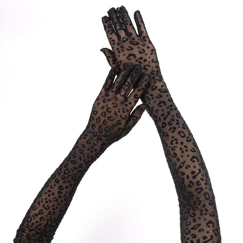 Sexy Leopard Print Spitze Mesh Lange Handschuhe Hohe Elastizität Frauen Party Halloween Cosplay Leistung Transparent Hohl Atmungsaktiv – Detail 3