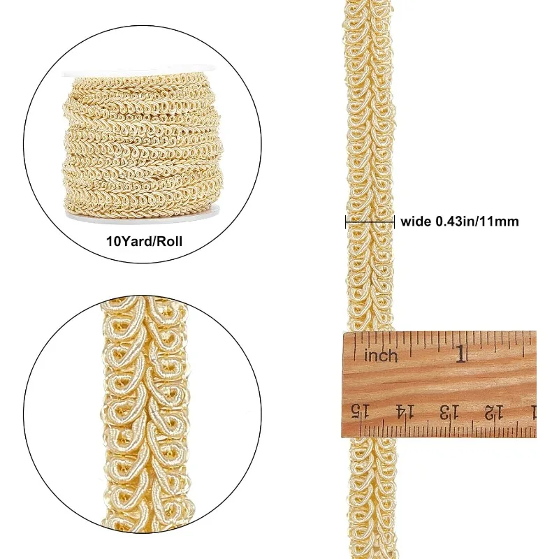 Gold Braid Lace Trim - 10 Yards of 3/8 Wide Polyester Decorative Ribbon