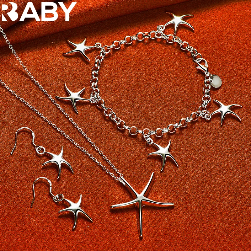 

925 Sterling Silver Elegant Starfish Chain Bracelets Necklaces Earrings For Women Fashion Wedding Party Charm Jewelry Sets Gifts