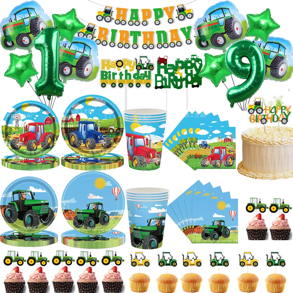Traktor Party Supplies Einweggeschirr Teller Tasse Serviette Banner Kuchen Topper Bauernhof Traktor Ballon Kindergeburtstag Dekorationen