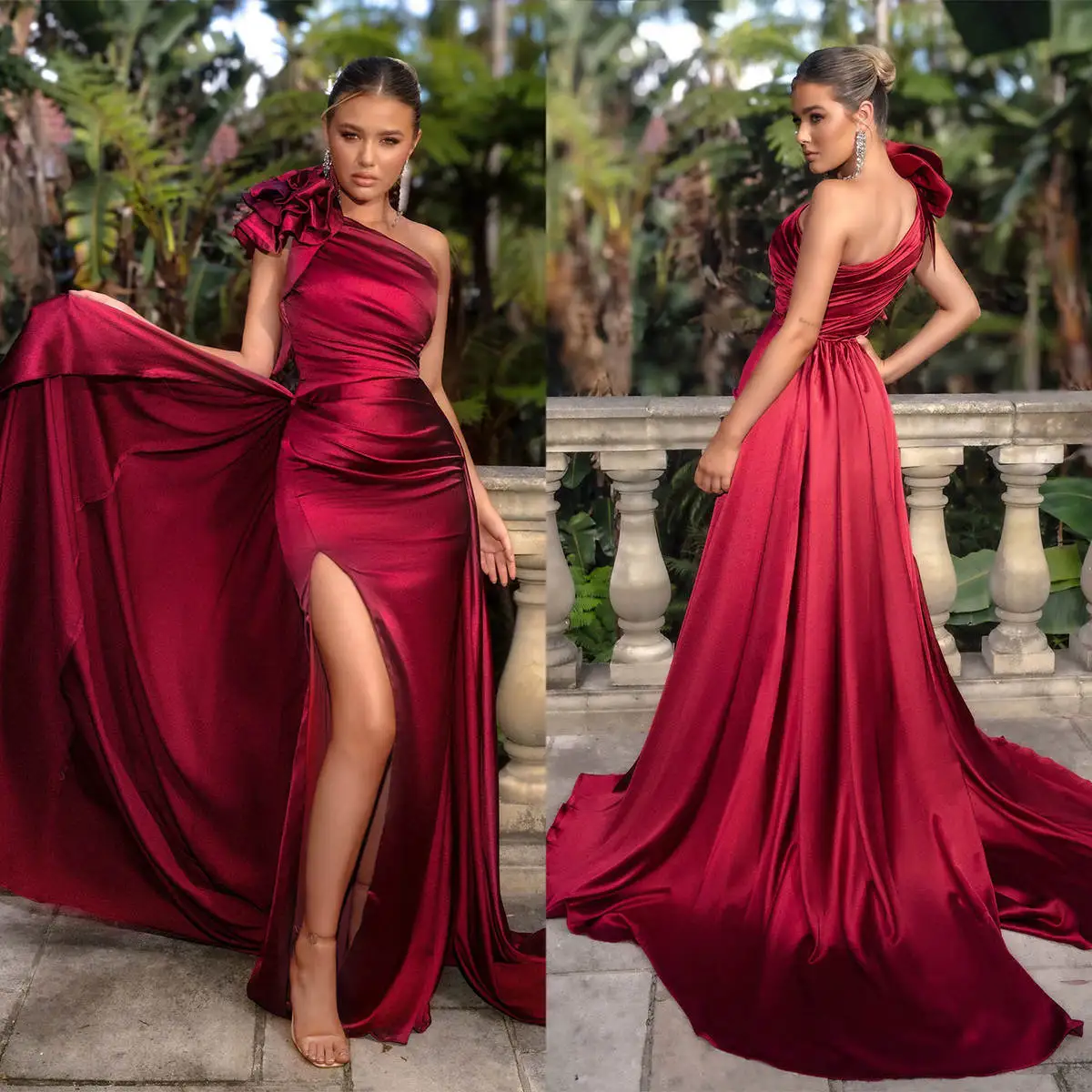 

Vintage Sheath Gown Prom Dresses Flowers Pleat Satin One-Shoulder Celebrity Party Evening Dresses Plus Size Custom Size Color