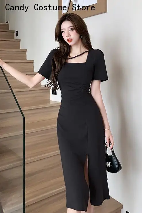 

A-Line with Short Sleeves Dresssummer Collect Waist Design Feeling Split Fold Black