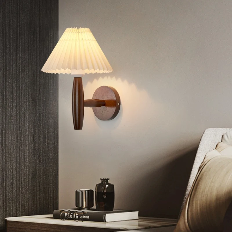 북유럽 Pleated 벽 램프 빈티지 단단한 나무 Led 벽 조명 홈 아트 장식 침실 머리맡 벽 Sconce 욕실 거울 빛