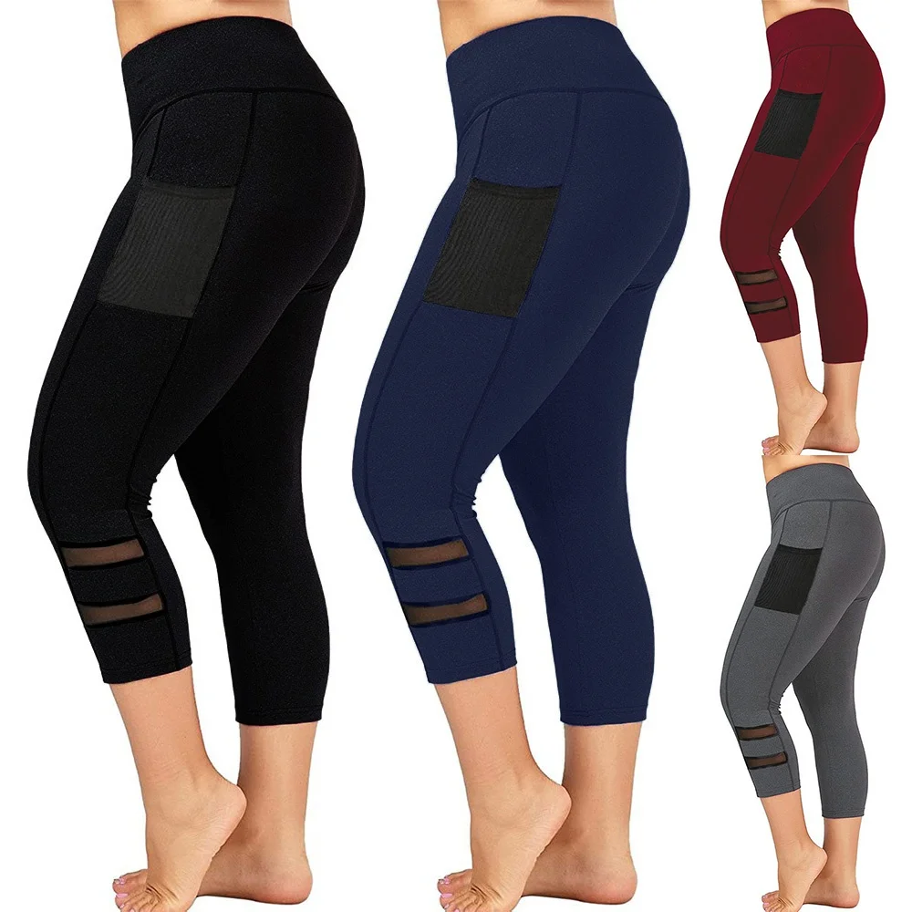 Plus Size Yoga Pants Calf Pants Casual Fitness Leggings Slim Pencil Pants Sportswear High Elastic Waist Pockets Cutouts Leggings