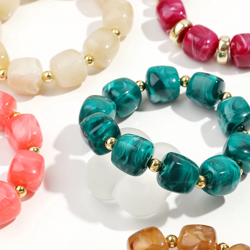 Exaggerated Geometric Beaded Acrylic Elastic Bracelets for Women Men Boho Trendy Square Beads Stack Bangle Retro Jewelry Gift