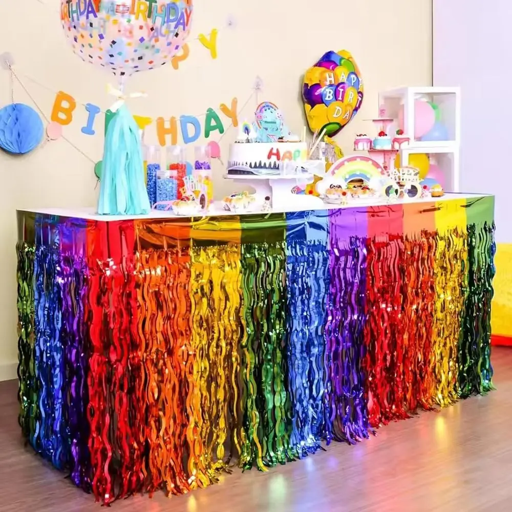 Colorful Rainbow Wavy Table Skirt 75*275cm Table Dress Tablecloths Metallic Foil Tinsel Covers