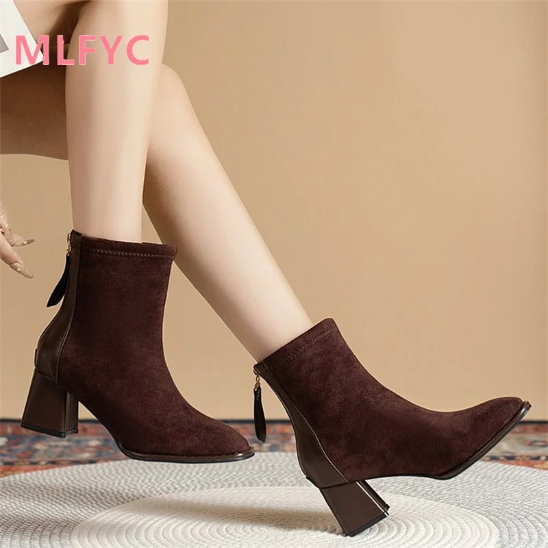 Women's French Mid Length Boots Women's Autumn and Winter New Frosted Thick Heels Retro High Heels Plush Short Boots