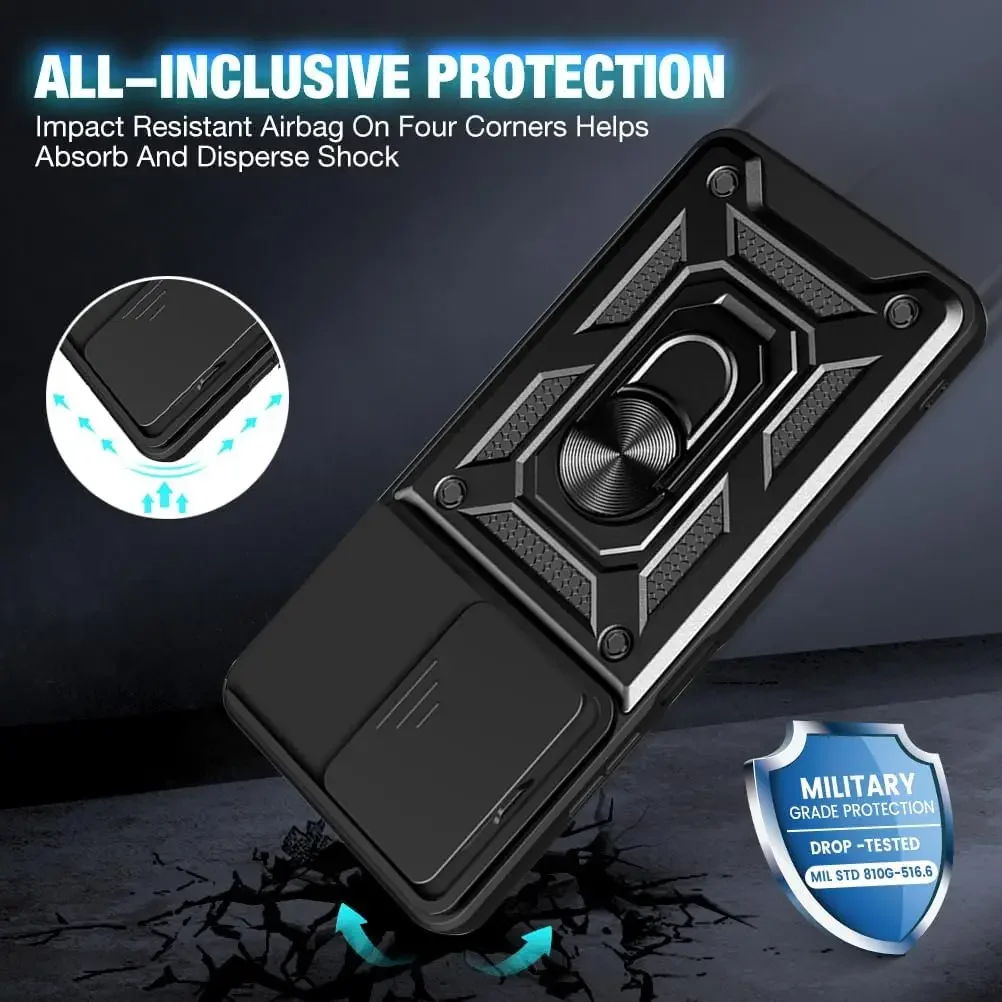 Shockproof Armor Case with Slide Camera Protection and Ring Holder