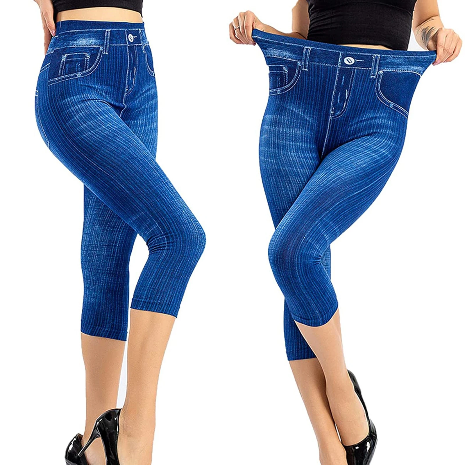 New Fake Jeans Leggings Women Stretch Printed Short Legging Plus Size Calflength Pants Summer