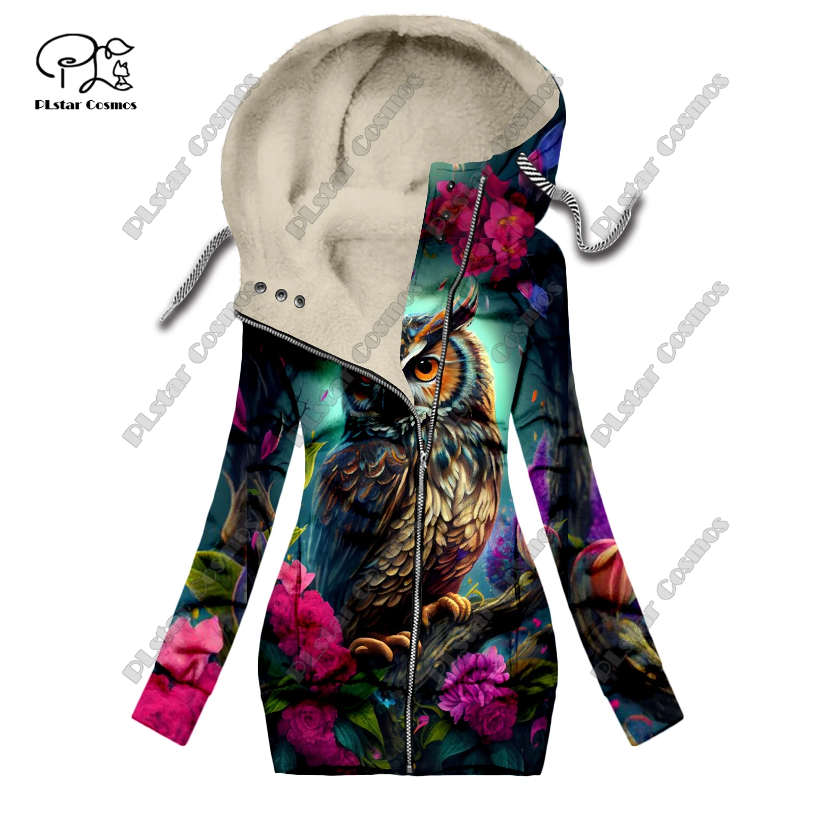 New 3D printed animal series cute owl pattern plus velvet warm women's long zipper hoodie coat commuting casual winter M-1
