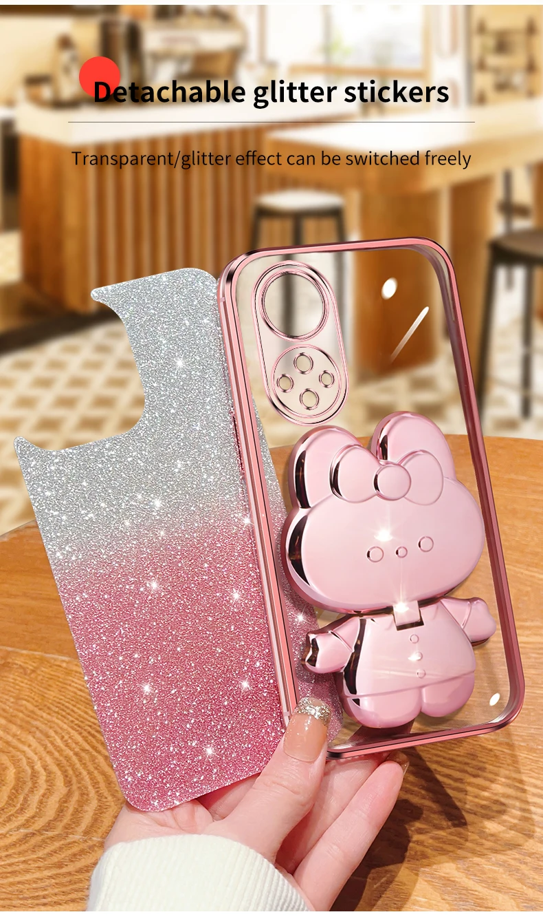 Honor50 Glitter Rabbit Makeup Mirror Holder Case On For Huawei Honor 60 50 90 30 20 Lite 30s Soft Cover Nova 10 11 Pro_voghion.com
