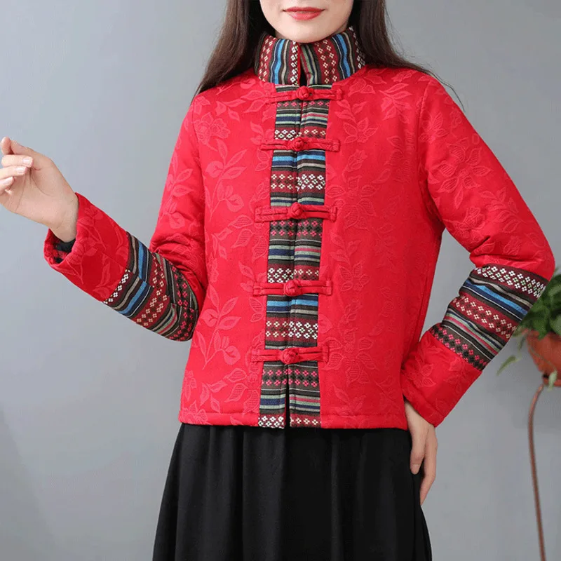 Traditional Tang Suit Stand Collar Autumn Winter Ethnic Style Women's Cotton Linen Coat Clothes Long Sleeve Padded Jacket Female