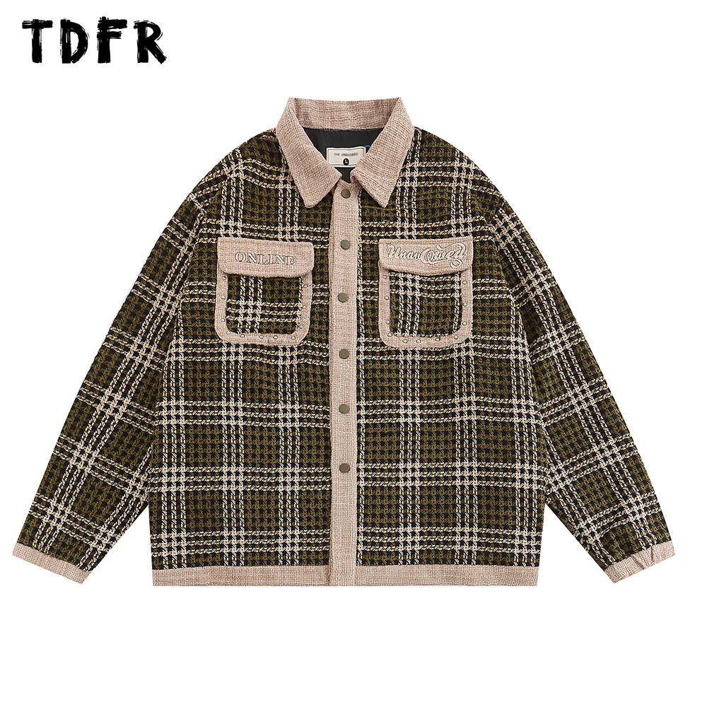 

Plaid Patchwork Jacket Mens Autumn Winter Retro Casual Lapel Pocket Long Sleeve Single Breasted Jacket Men