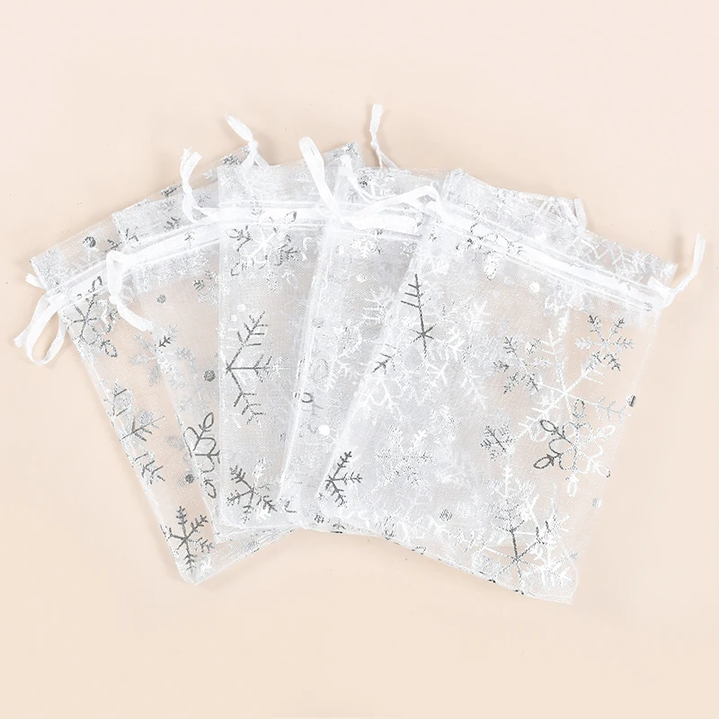 20Pcs Snowflake Organza Gift Bags Jewelry Pouches Gold Silver Snow Drawstring Bag Christmas Party Birthday Wedding Candy Packing