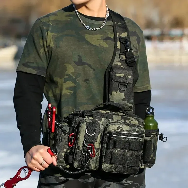 Fishing Bag DY1 Fishing Equipment Bait Box Gear Storage Bag Men's Waist Bag Fly Fishing with Rod Holder Drain Water and Wear Resistant