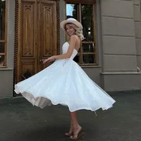 Glitter Ivory Wedding Dresses With Pockets Tea-Length Tulle Bride Dress Strapless Slit Sexy Dress For Women 2023 Robe De Mariee 2
