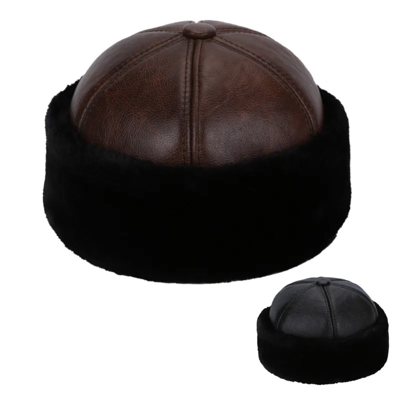 Retro Cowhide Bomber Hat Winter Keep Warm Caps Men Women Real Leather Cap Thick Velvet Dad Hat Leather leather hat