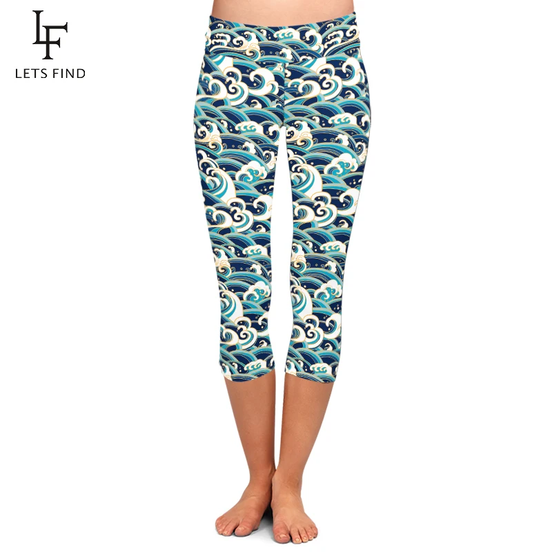 

LETSFIND Summer New Women Elastic Print Capri Leggings High Waist 3D Sea Wave Print Fitness Stretch Slim Mid-Calf 3/4 Pants
