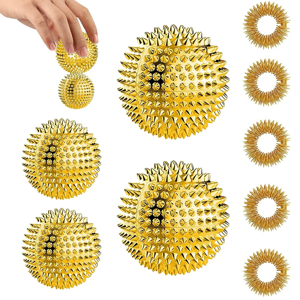 9Pcs Hand Massage Ball & Acupressure Ring Fingers, Spiky Massage Ball, Magnetic Balls for Adult Kid Hand Exercise, Stress Relief