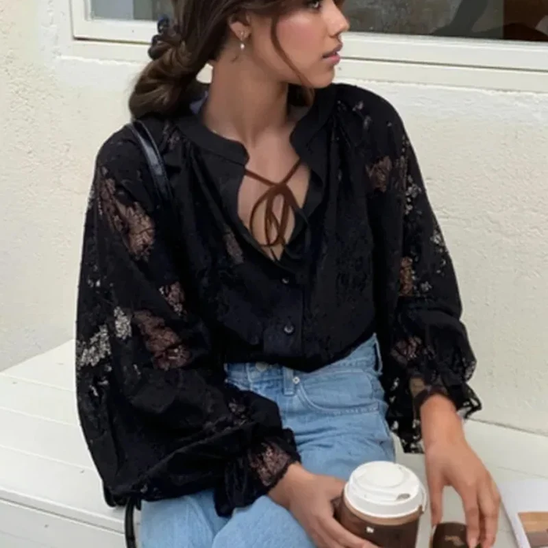 Vintage Summer and Autumn Women's New Lace-Up Shirt Lantern Sleeve Solid Color Casual Top Fashion Women's Clothing 10202
