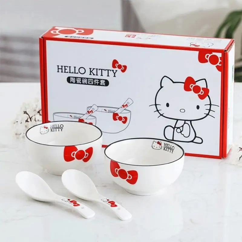 

4Pcs Kawaii Hello Kitty Anime Ins Sanrio Bowl Spoon Set Cute Cartoon Fashion Tableware Food Bowl Gifts Box Lovely Toys for Girls