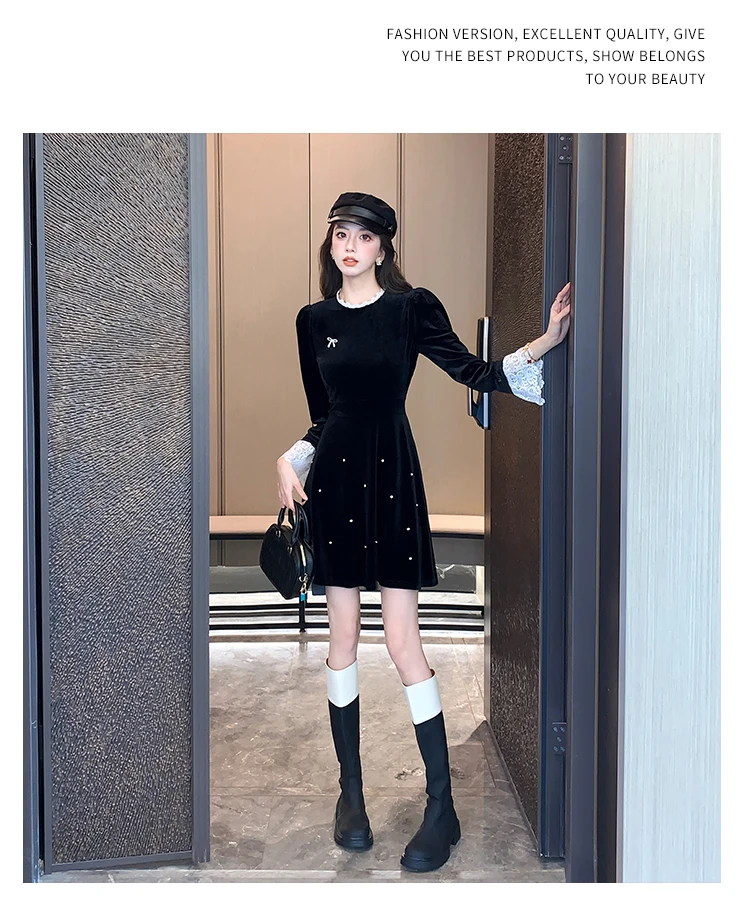Woman Spring Summer New Elegant Velvet Mini A-line Dresses Long Sleeve Party Fashion One Piece Robe