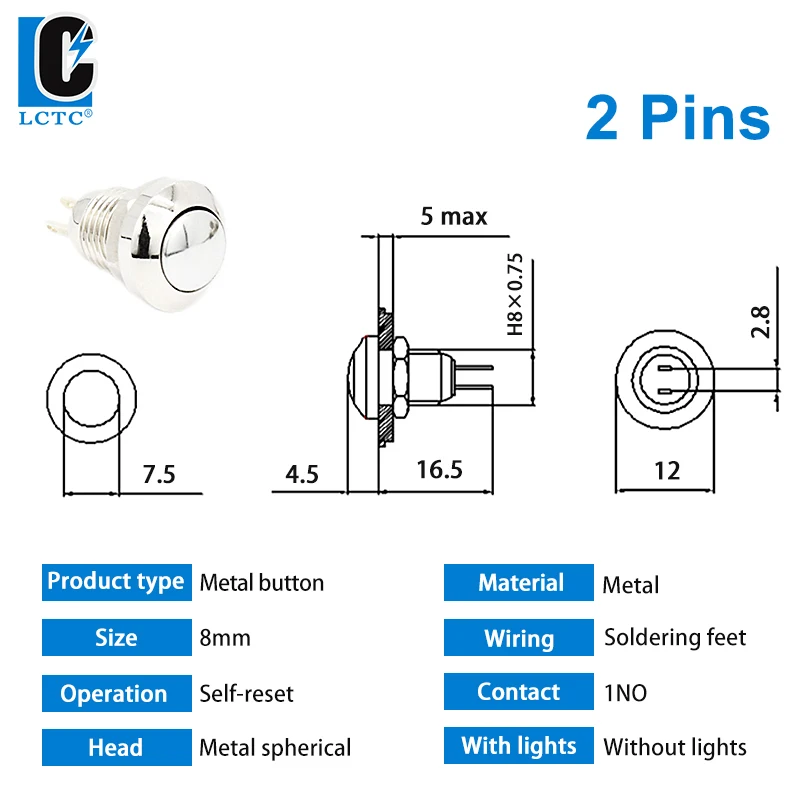 LCTC Push Button Switch Momentary Auto 8mm Metal Switch Doorbell Ignition Waterproof Instant Exterior Bell Push Botton 1NO No