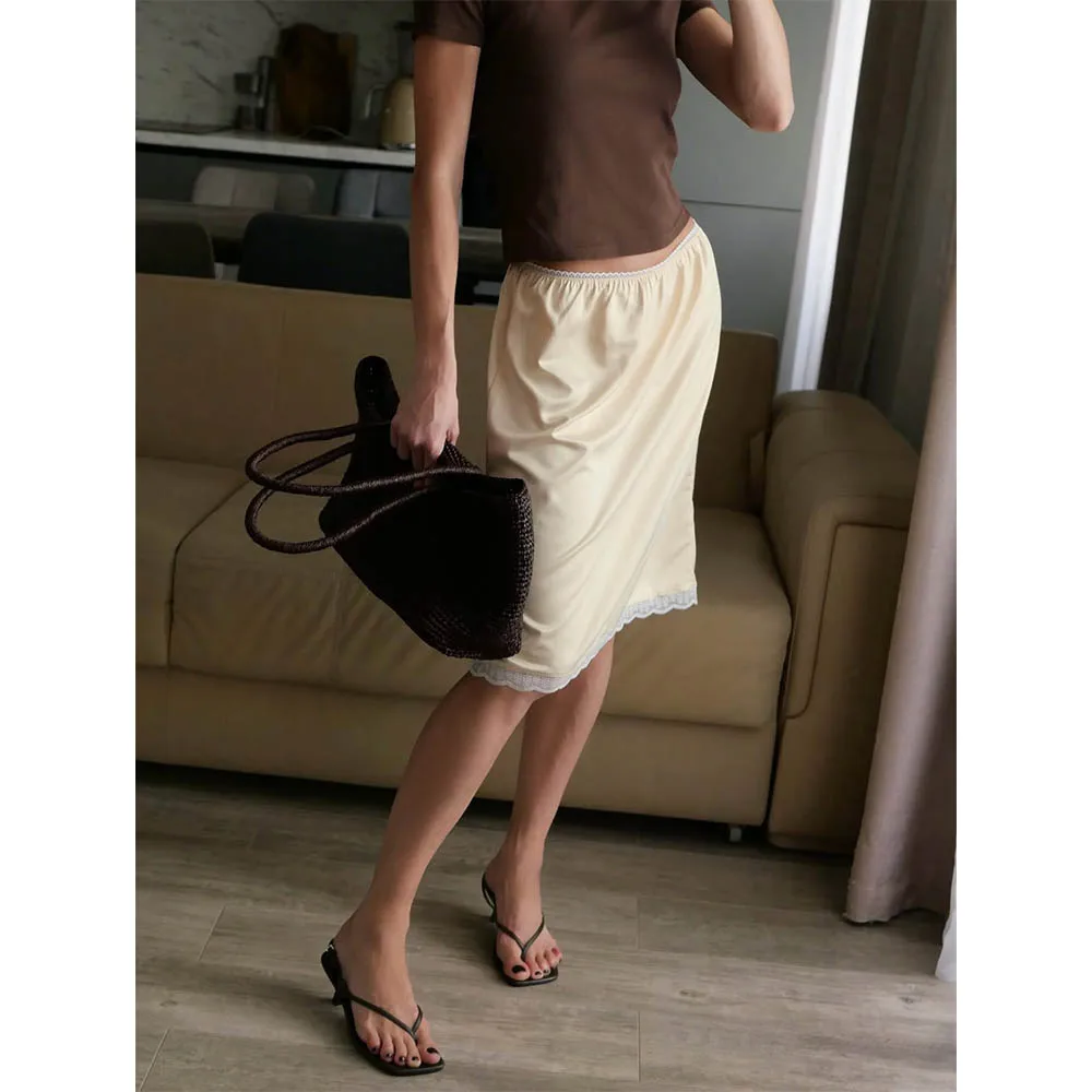 Women Vintage Fashion Satin Lace Trim Patchwork Midi Skirts High Waist Elegant 90s Vintage A-line Skirt Y2k Clothing Streetwear 4